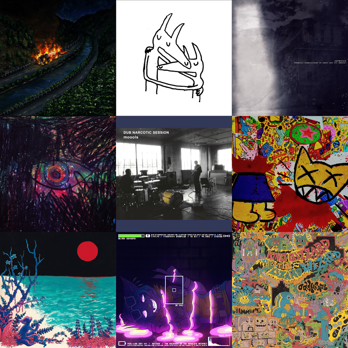 incredibly unorganized handfull of albums i like. left to right, top to bottom: chaos takes the wheel and i am a passenger - awakebutstillinbed, twin fantasy - car seat headrest, semantic compositions on death and its meaning - goreshit, eureka - kinoko teikoku, dub narcotic session - mools, stomach book - stomachbook, the first glass beach album - glass beach, the recovery of the absolute artifact - rotteen, oddments - king gizzard & the lizard wizard